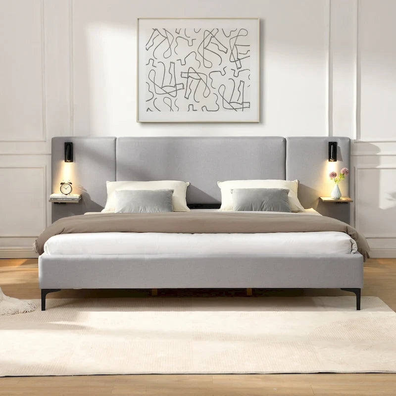 Lit rembourré en tissu bouclette avec liseuses intégrées et étagères de tête de lit