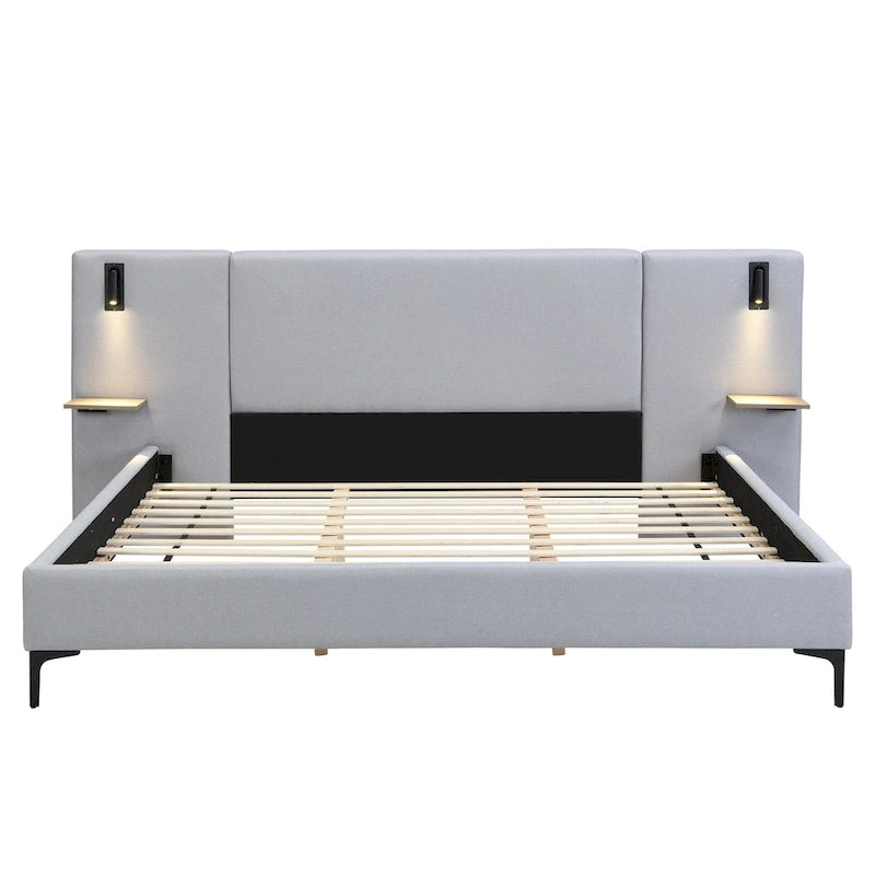 Lit rembourré en tissu bouclette avec liseuses intégrées et étagères de tête de lit