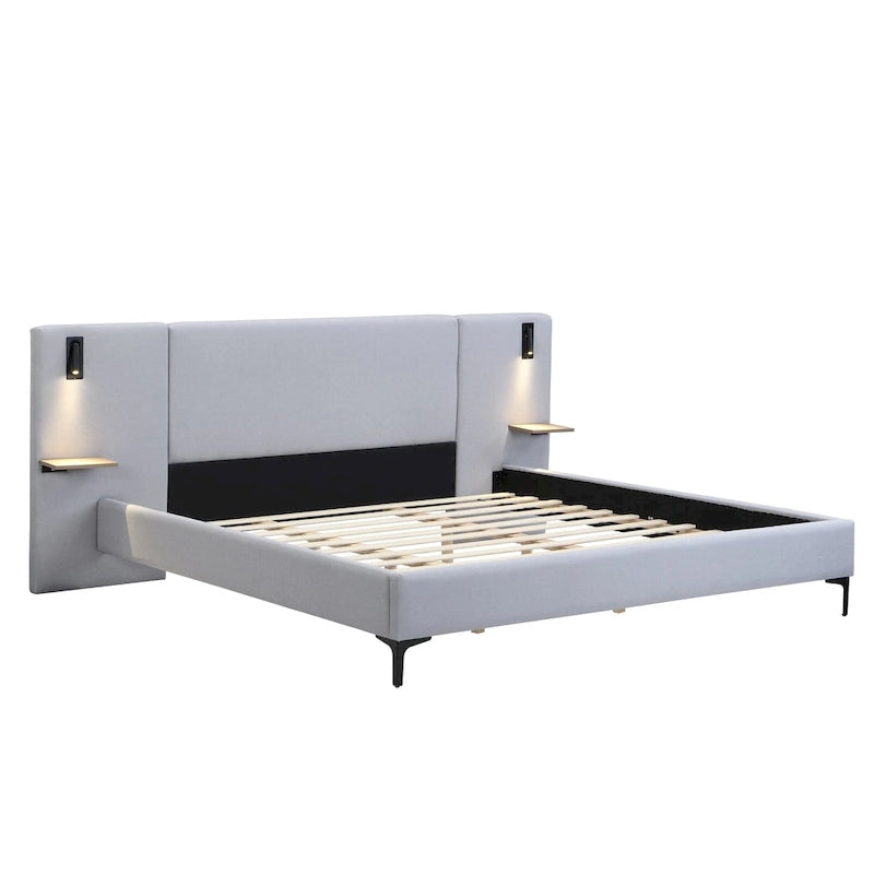 Lit rembourré en tissu bouclette avec liseuses intégrées et étagères de tête de lit