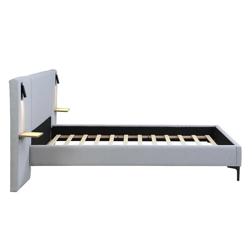 Lit rembourré en tissu bouclette avec liseuses intégrées et étagères de tête de lit