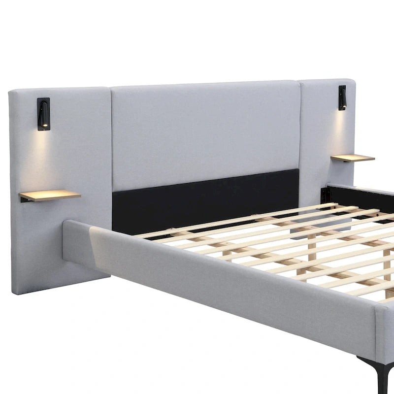Lit rembourré en tissu bouclette avec liseuses intégrées et étagères de tête de lit
