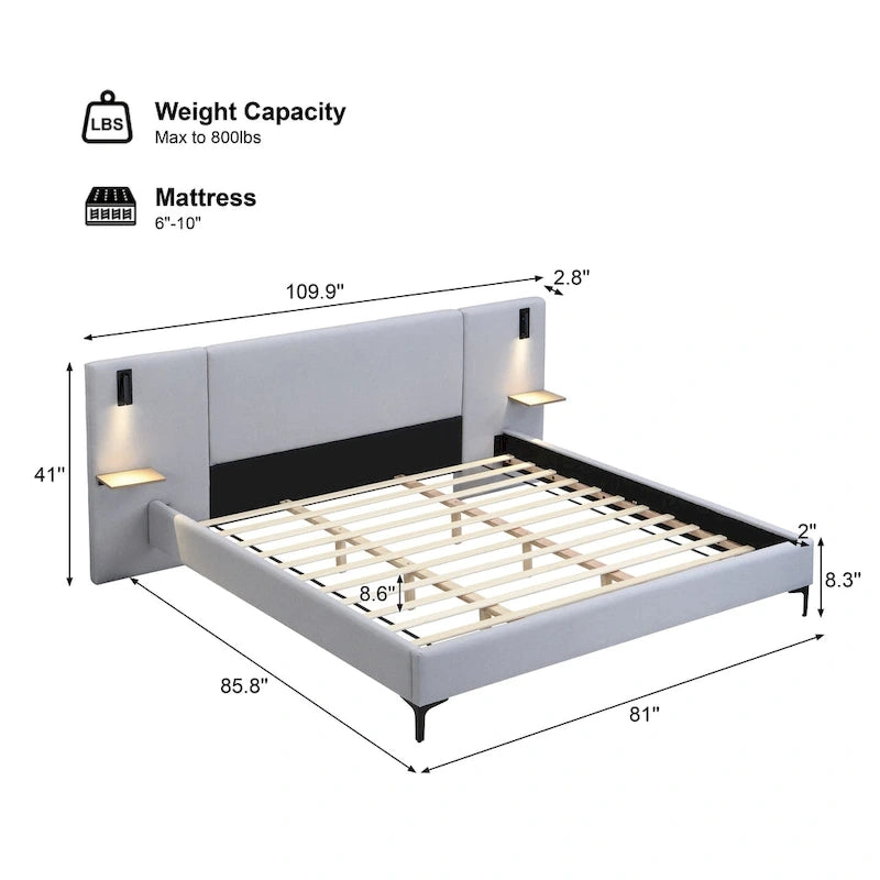 Lit rembourré en tissu bouclette avec liseuses intégrées et étagères de tête de lit