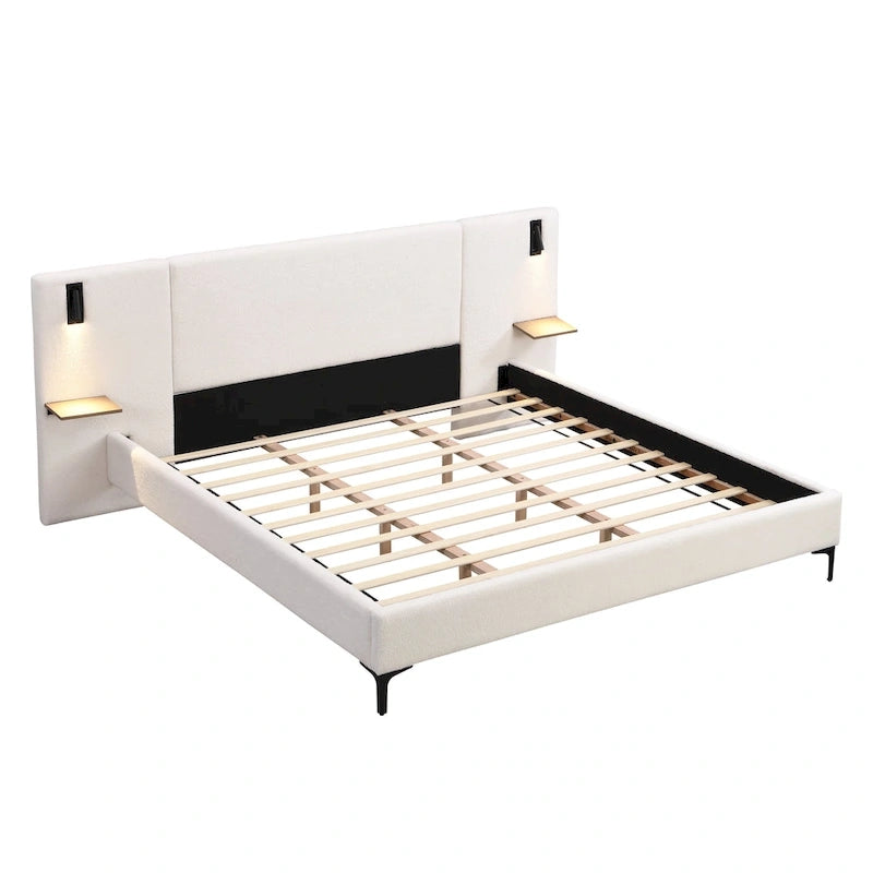 Lit rembourré en tissu bouclette avec liseuses intégrées et étagères de tête de lit