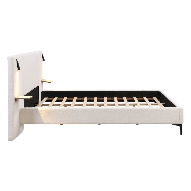 Lit rembourré en tissu bouclette avec liseuses intégrées et étagères de tête de lit
