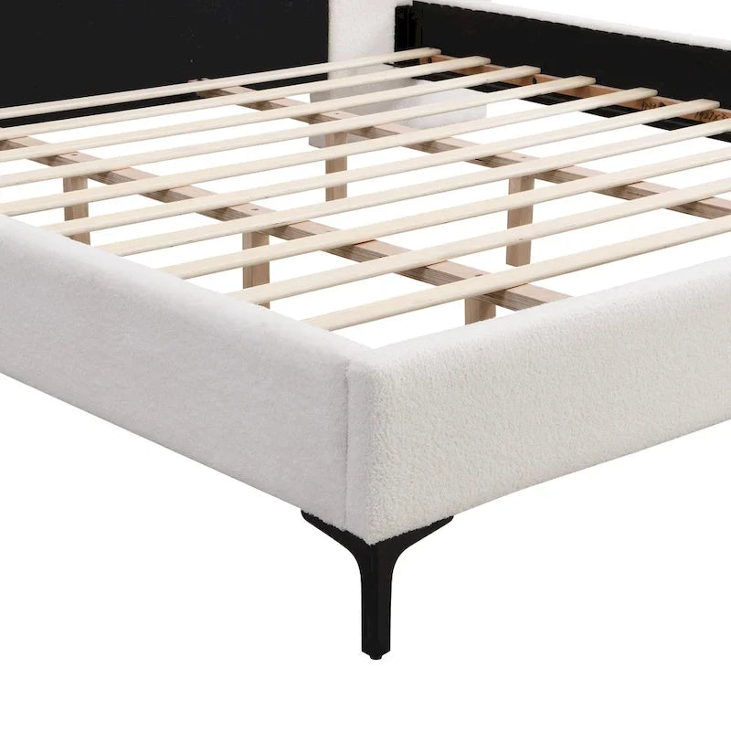 Lit rembourré en tissu bouclette avec liseuses intégrées et étagères de tête de lit