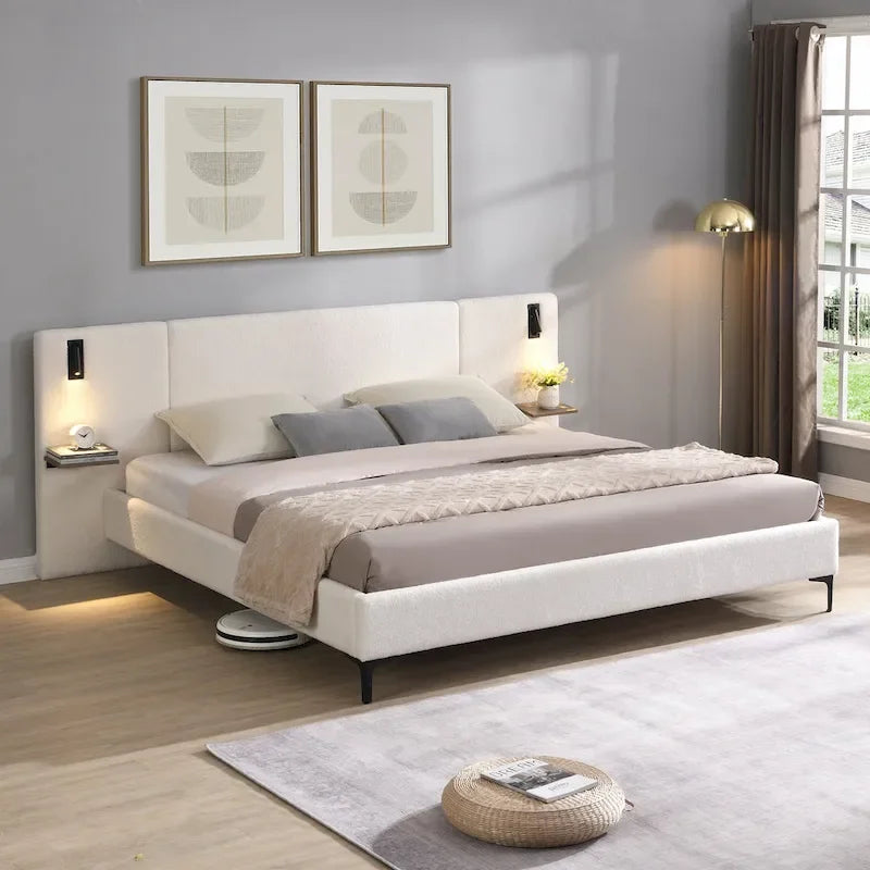 Lit rembourré en tissu bouclette avec liseuses intégrées et étagères de tête de lit