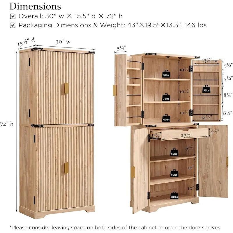Meuble de rangement à provisions cannelé de 183 cm de haut avec 4 portes, étagères réglables et poignées dorées