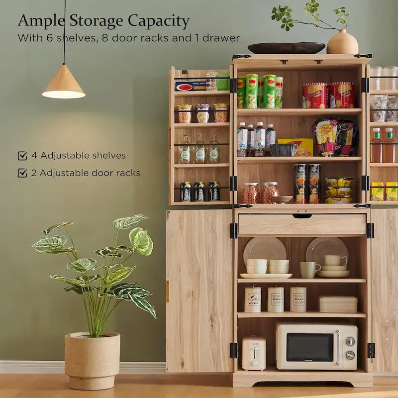 Meuble de rangement à provisions cannelé de 183 cm de haut avec 4 portes, étagères réglables et poignées dorées