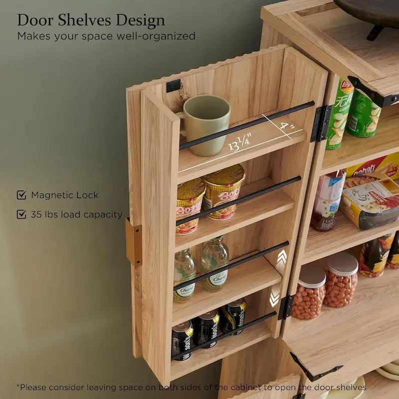 Meuble de rangement à provisions cannelé de 183 cm de haut avec 4 portes, étagères réglables et poignées dorées