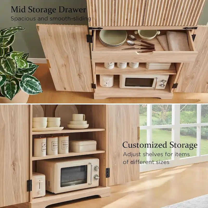 Meuble de rangement à provisions cannelé de 183 cm de haut avec 4 portes, étagères réglables et poignées dorées