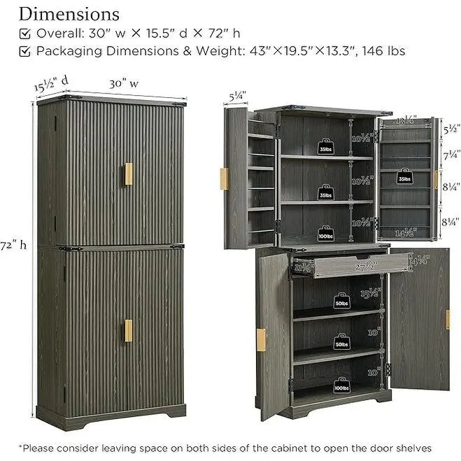 Meuble de rangement à provisions cannelé de 183 cm de haut avec 4 portes, étagères réglables et poignées dorées