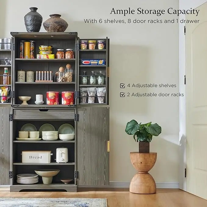 Meuble de rangement à provisions cannelé de 183 cm de haut avec 4 portes, étagères réglables et poignées dorées
