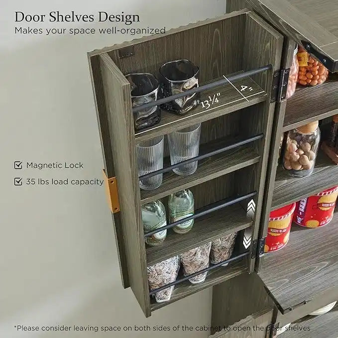 Meuble de rangement à provisions cannelé de 183 cm de haut avec 4 portes, étagères réglables et poignées dorées