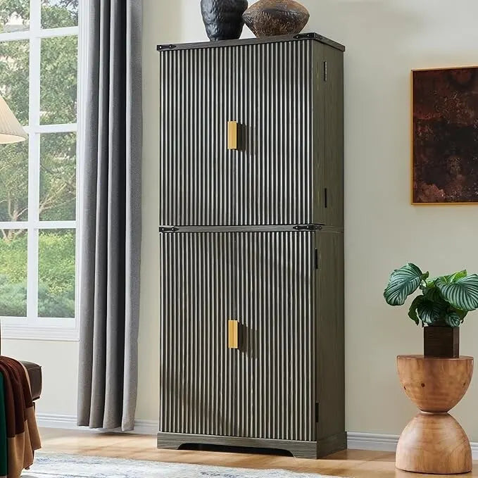 Meuble de rangement à provisions cannelé de 183 cm de haut avec 4 portes, étagères réglables et poignées dorées