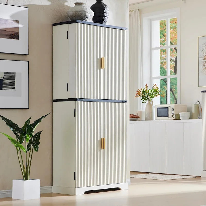 Meuble de rangement à provisions cannelé de 183 cm de haut avec 4 portes, étagères réglables et poignées dorées