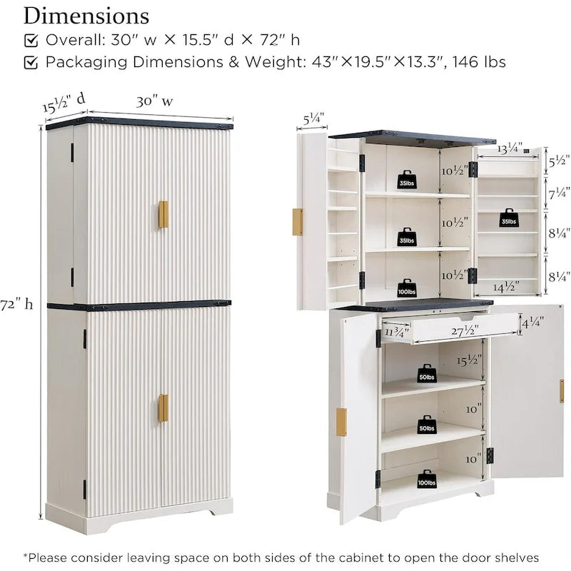 Meuble de rangement à provisions cannelé de 183 cm de haut avec 4 portes, étagères réglables et poignées dorées