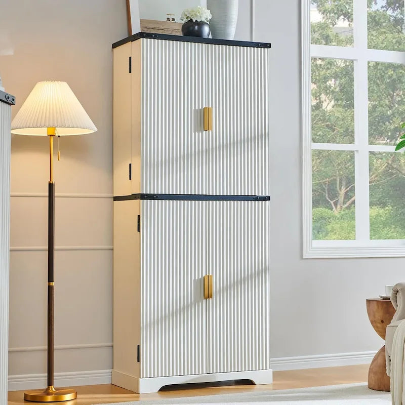 Meuble de rangement à provisions cannelé de 183 cm de haut avec 4 portes, étagères réglables et poignées dorées