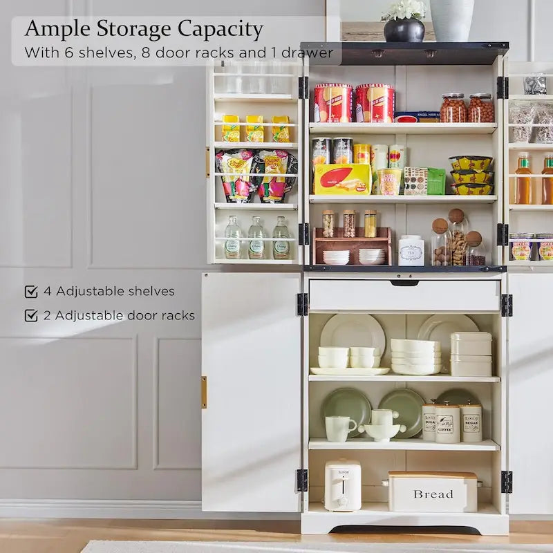 Meuble de rangement à provisions cannelé de 183 cm de haut avec 4 portes, étagères réglables et poignées dorées