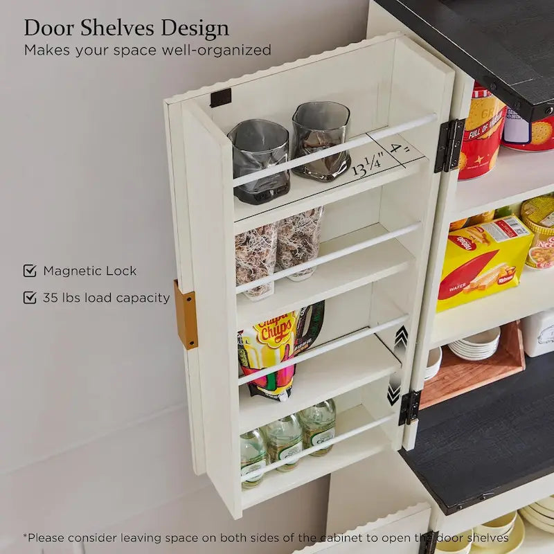 Meuble de rangement à provisions cannelé de 183 cm de haut avec 4 portes, étagères réglables et poignées dorées