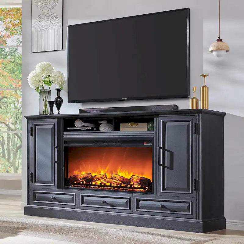 Meuble TV de style rustique avec cheminée électrique – Convient aux téléviseurs jusqu'à 80 pouces
