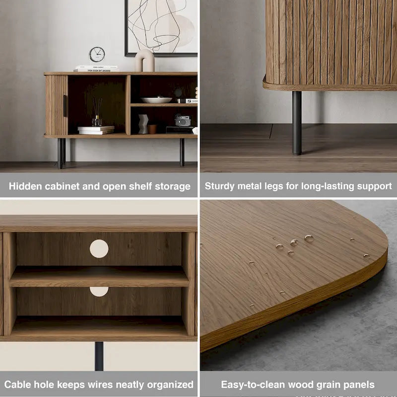 Meuble TV console média avec porte coulissante, étagères ouvertes et gestion des câbles