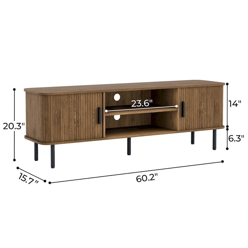 Meuble TV console média avec porte coulissante, étagères ouvertes et gestion des câbles