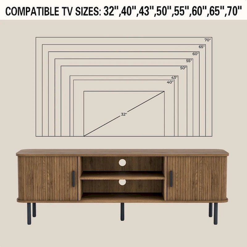 Meuble TV console média avec porte coulissante, étagères ouvertes et gestion des câbles