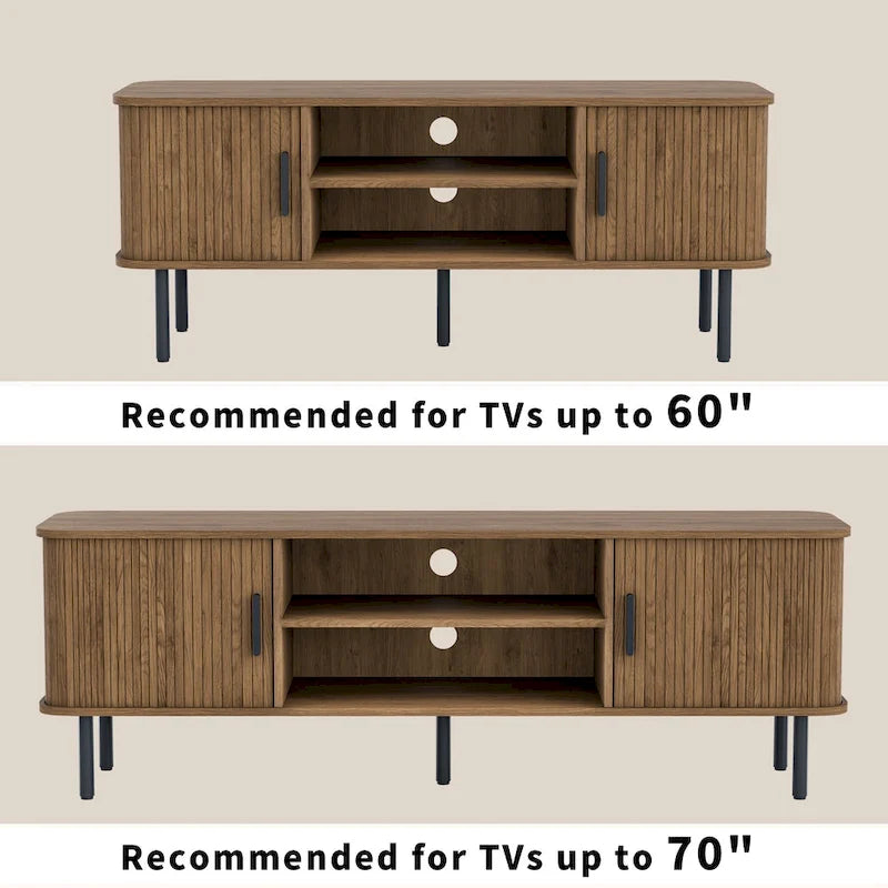 Meuble TV console média avec porte coulissante, étagères ouvertes et gestion des câbles