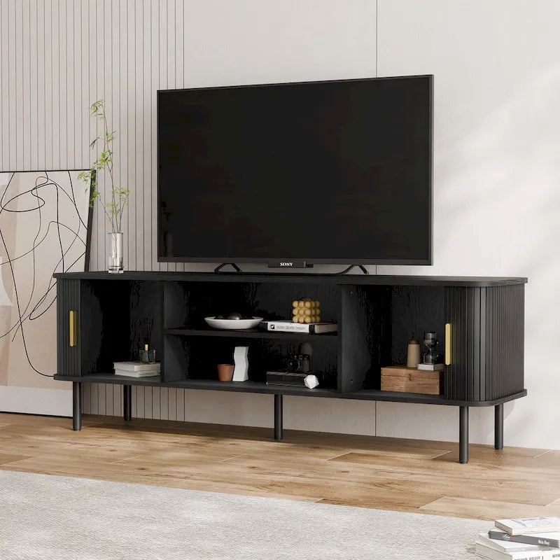 Meuble TV console média avec porte coulissante, étagères ouvertes et gestion des câbles