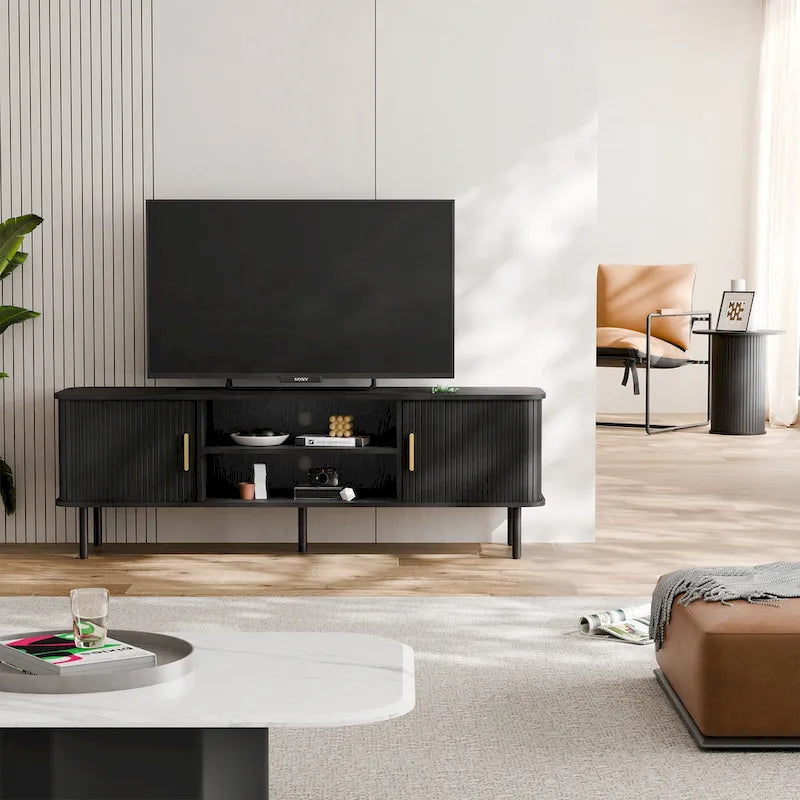 Meuble TV console média avec porte coulissante, étagères ouvertes et gestion des câbles