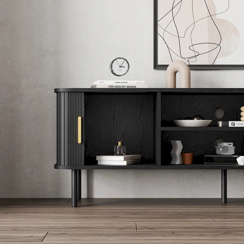 Meuble TV console média avec porte coulissante, étagères ouvertes et gestion des câbles
