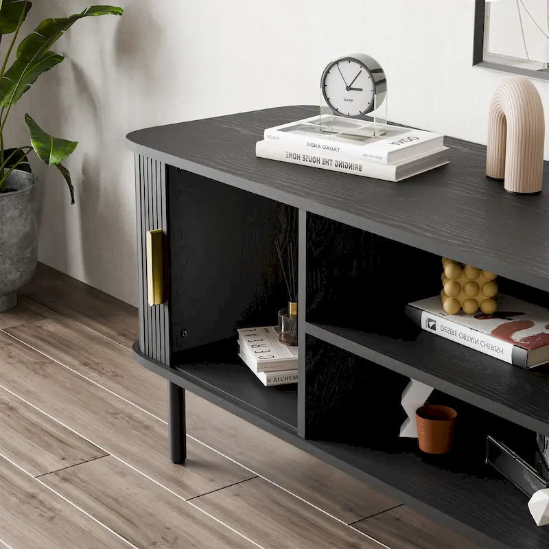Meuble TV console média avec porte coulissante, étagères ouvertes et gestion des câbles