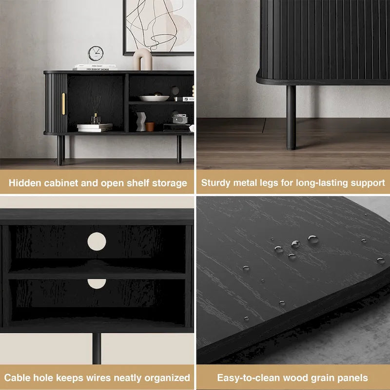 Meuble TV console média avec porte coulissante, étagères ouvertes et gestion des câbles