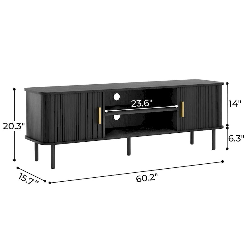 Meuble TV console média avec porte coulissante, étagères ouvertes et gestion des câbles