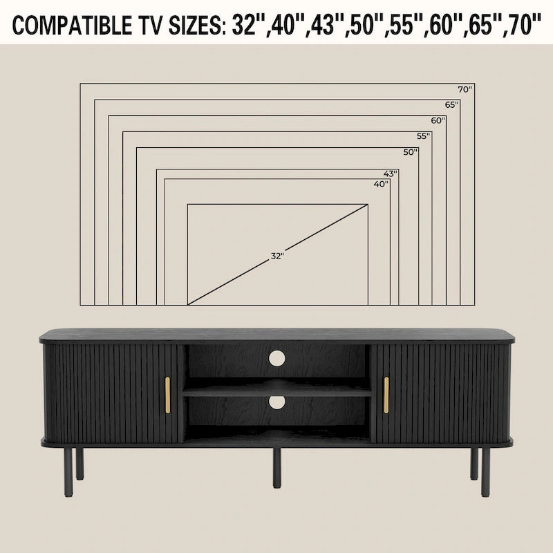 Meuble TV console média avec porte coulissante, étagères ouvertes et gestion des câbles