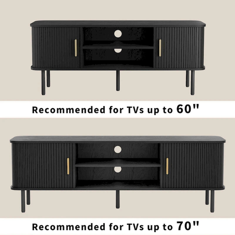 Meuble TV console média avec porte coulissante, étagères ouvertes et gestion des câbles