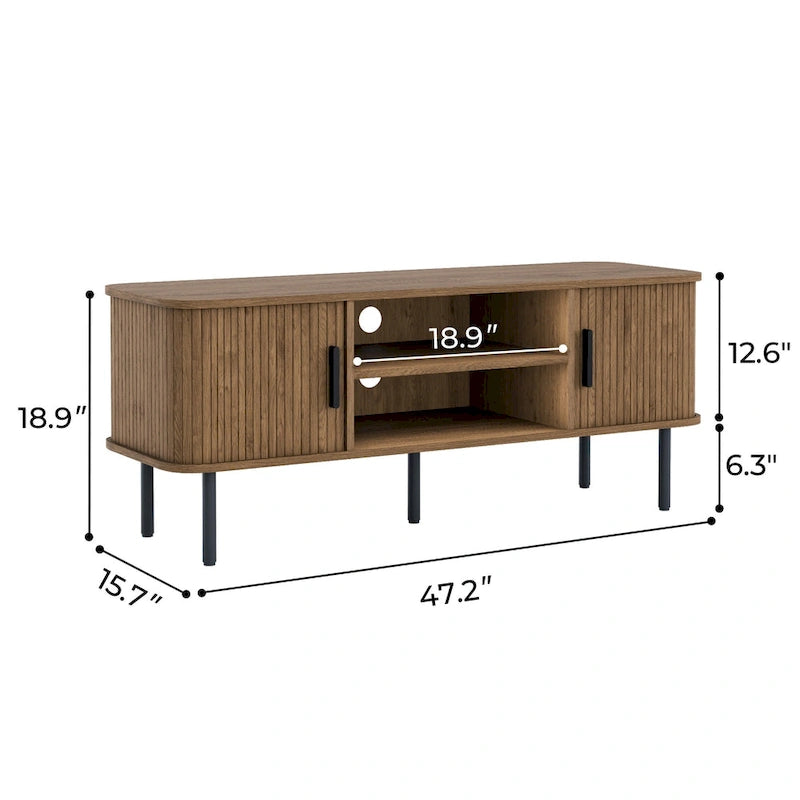 Meuble TV console média avec porte coulissante, étagères ouvertes et gestion des câbles
