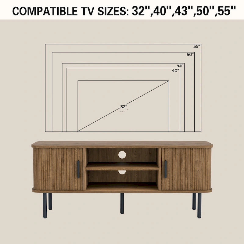Meuble TV console média avec porte coulissante, étagères ouvertes et gestion des câbles
