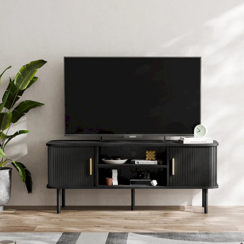 Meuble TV console média avec porte coulissante, étagères ouvertes et gestion des câbles