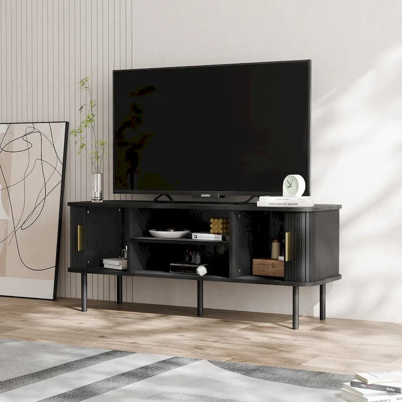 Meuble TV console média avec porte coulissante, étagères ouvertes et gestion des câbles