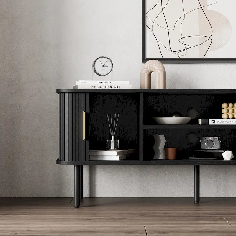 Meuble TV console média avec porte coulissante, étagères ouvertes et gestion des câbles
