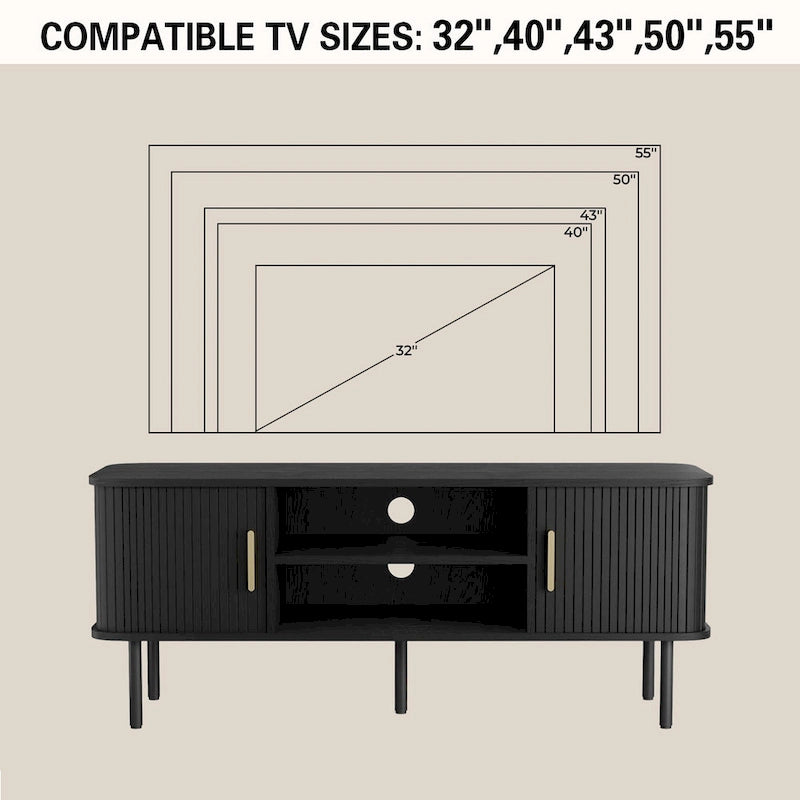 Meuble TV console média avec porte coulissante, étagères ouvertes et gestion des câbles