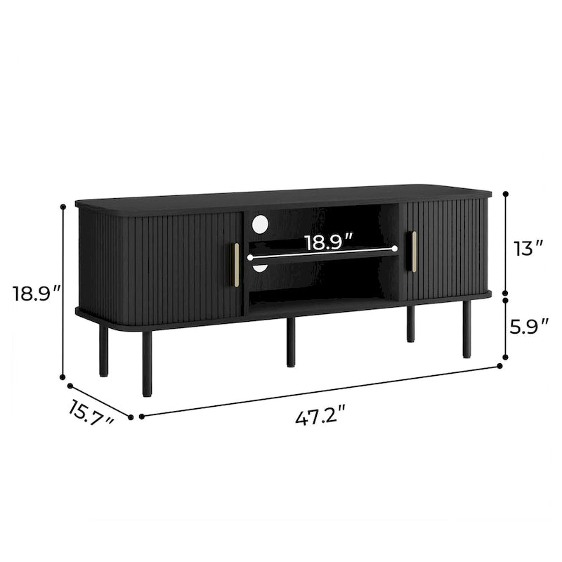 Meuble TV console média avec porte coulissante, étagères ouvertes et gestion des câbles