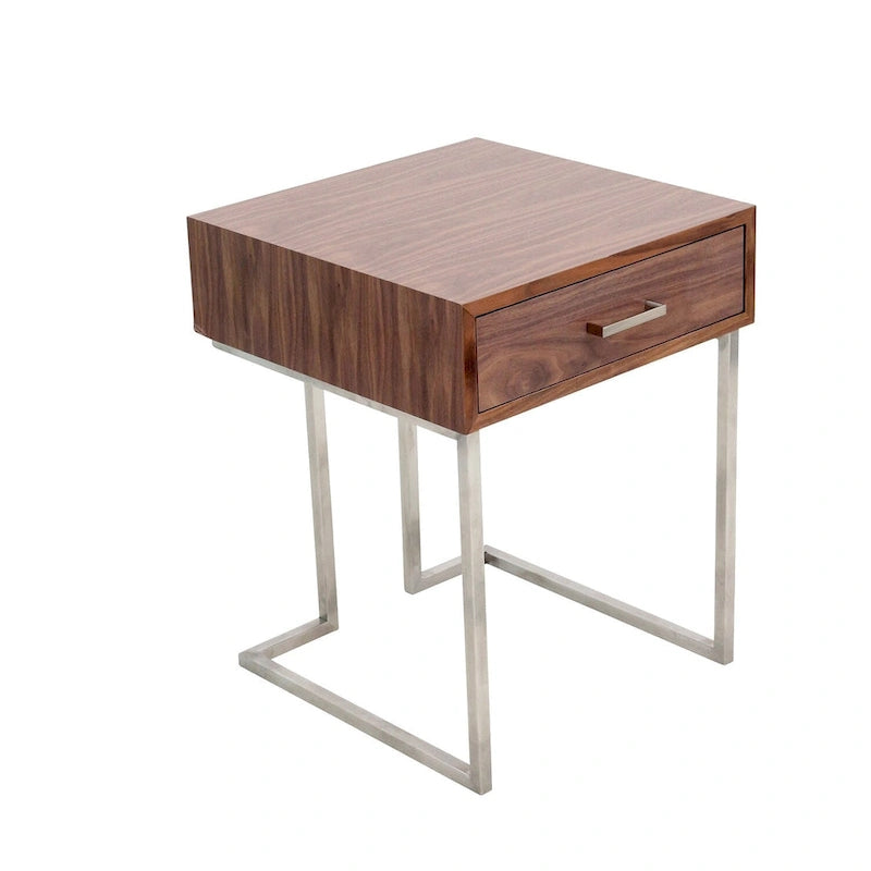 Table d'appoint en noyer et acier inoxydable avec tiroir