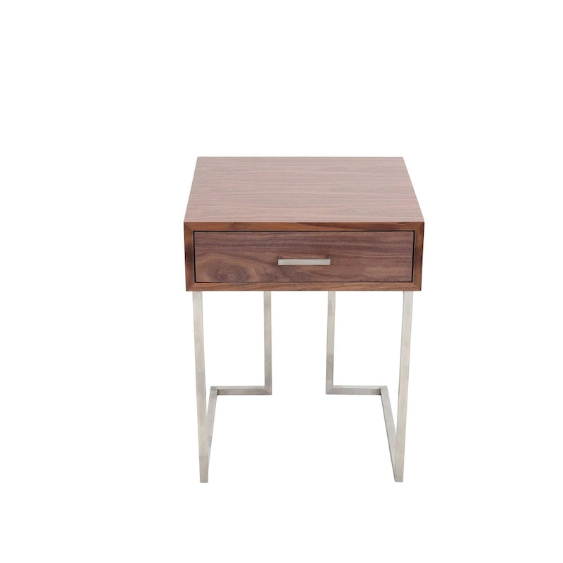 Table d'appoint en noyer et acier inoxydable avec tiroir