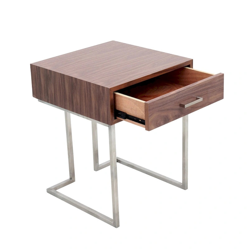 Table d'appoint en noyer et acier inoxydable avec tiroir
