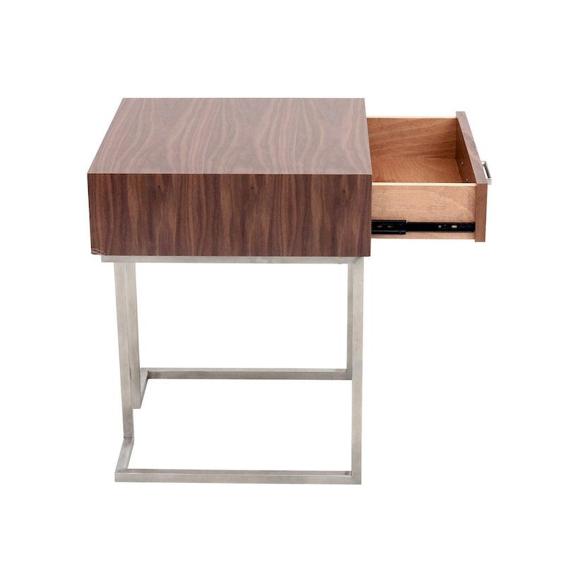 Table d'appoint en noyer et acier inoxydable avec tiroir