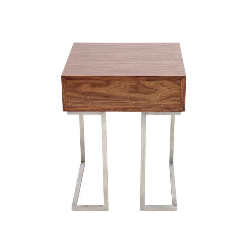 Table d'appoint en noyer et acier inoxydable avec tiroir