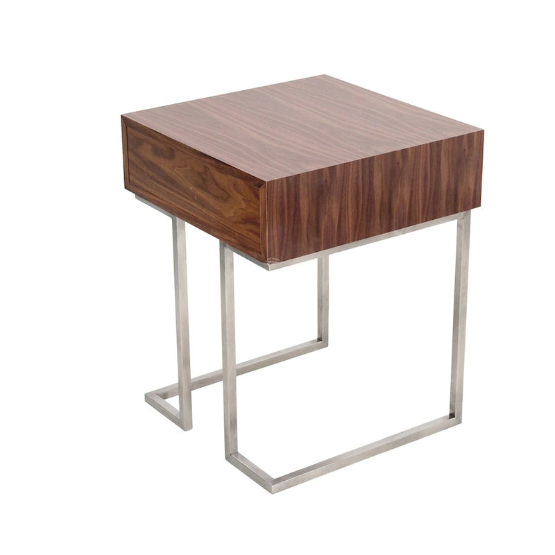 Table d'appoint en noyer et acier inoxydable avec tiroir