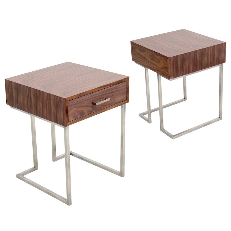 Table d'appoint en noyer et acier inoxydable avec tiroir